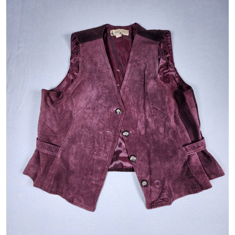 Marsh Landing Women dark red Leather Button Front Lined Vest Western Vintage LG